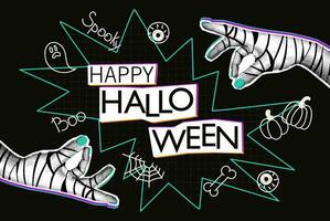 Happy Halloween halftone collage banner vector illustration