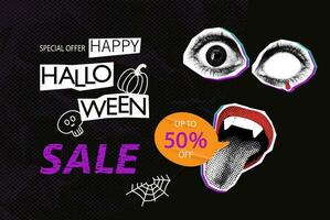 Halloween sale halftone collage banner vector illustration