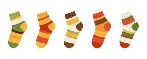 Collection of colored socks with different texture on white background. Vector illustration in a flat design