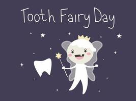 Cartoon Tooth fairy Vector illustration. National Tooth Fairy Day with handwritten text for Card