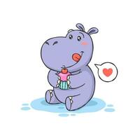 Cute Hippopotamus Cartoon Character With Cupcake vector