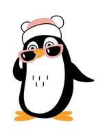 Cute little happy penguin in sunglasses. Vector flat illustration