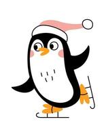 Cute little penguin is skating. Vector doodle flat illustration