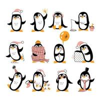 A set of cute penguins in different poses. Happy animals. Vector flat doodle illustration