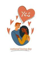 Interracial marriage of people. National Loving Day. A white man hugs a black woman. Mixed marriage. Diversity. Vector illustration