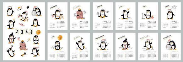 Vertical wall calendar design template for 2023. Set for 12 months. Vector images with cute animals, penguins.