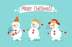 Merry Christmas. Cheerful cute snowmen for greeting card, banner, poster. Vector cartoon illustration in flat style.