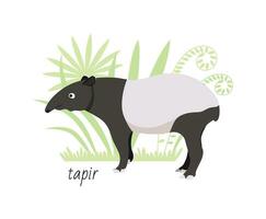 Animal tapir isolated on white background. Tropical plants. Vector flat illustration