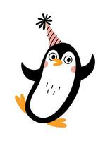 Cute little happy penguin with a cap on his head. Vector doodle flat illustration