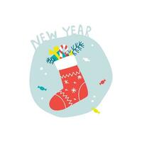 Card with gifts in a Christmas sock. Happy New Year. Vector illustration for Christmas posters, cards, gift tags.
