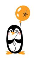 Cute little happy penguin with a balloon. Vector flat illustration