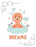 A cute dog with a heart sits on a cloud. Dreams. St. Valentine's Day. Vector line art illustration of animal for greeting card, invitation, print