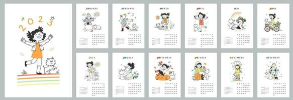 Vertical wall calendar design template for 2023. Set for 12 months. Vector images with cute girl and dog.