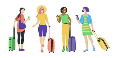 Set of female characters with luggage at the airport, train station ready to travel. Travel and tourism concept. Cartoon people vector illustration