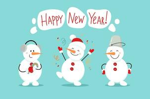 Happy New Year. Cheerful cute snowmen for greeting card, banner, poster. Cartoon vector illustration in flat style.