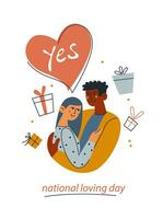 Interracial marriage of people. National Loving Day. Present. A black man hugs a white woman. Mixed marriage. Diversity. Vector illustration