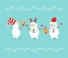 Merry Christmas. Happy New Year. Cheerful cute snowmen for greeting card, banner, poster. Vector cartoon illustration in flat style.