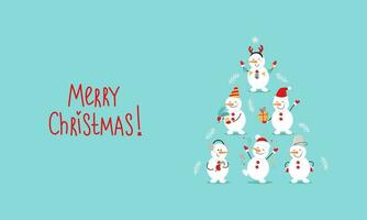 Merry christmas concept. Cheerful snowmen are collected in the shape of a Christmas tree, message of congratulations for a banner, postcard. Vector illustration in flat style