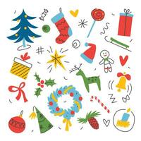 Set of New Year's elements, doodles, freehand drawing, white background. Christmas vector