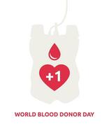 World blood donor day concept. Emblem with the image of a red heart and a drop of blood. Blood bag. Plus one life. Vector illustration for blood donation day 14 June