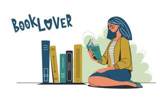 A woman sits and reads a book with pleasure and interest. Book lover on the background of books. Book therapy session. Concept design. Vector flat illustration