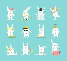 Collection of cute white bunnies in various poses. Vector set of cartoon rabbit. Animal wildlife symbols isolated on background.