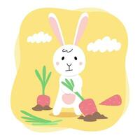 Cute rabbit. Bunny pulls carrots out of the ground, harvests. Cartoon flat illustration isolated on white background vector