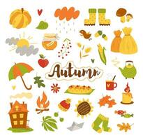 Autumn set, drawn elements - autumn leaves, bonfire, pumpkin, umbrella and others. Suitable for web, card, poster, cover, tag, invitation, sticker set. Vector flat illustration