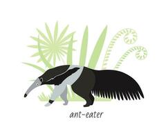 Anteater animal isolated on white background. Tropical plants. Vector flat illustration