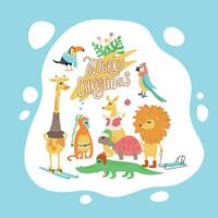 Winter animals. Christmas set, hand-drawn style - calligraphy, animals and other elements. Vector illustration