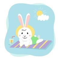 Cute rabbit. Bunny is lying on a mat, sunbathing, a cold drink beside him. Cartoon flat illustration isolated on white background vector