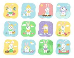 Vector colored set of cute rabbits. Bunny does different things in different weather and different seasons. Cartoon flat illustration isolated on white background