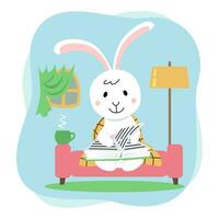 Cute rabbit. Bunny is reading a book while sitting on the couch. Cartoon flat illustration isolated on white background vector