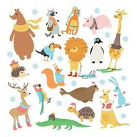 Winter animals. Christmas set with cute animals, handmade simple hand drawn style. Vector illustration