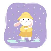 Cute rabbit. Bunny is standing in the rain in the puddles. Cartoon flat illustration isolated on white background vector