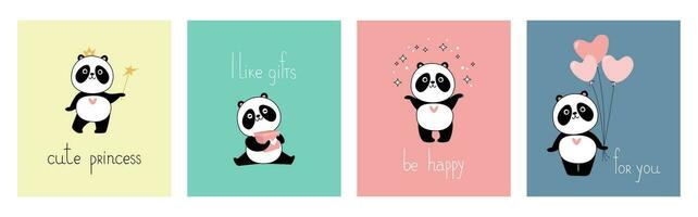 conjunto de linda postales con panda. vector plano dibujos animados ilustración