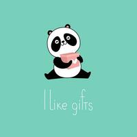 Funny cute panda bear is holding a gift in its paws. Inscription I love gifts. Vector illustration of an animal in a flat style for a postcard, banner, print on a t-shirt