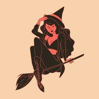 Witch. Cute ladies. Pin-up, retro style. Halloween costume concept. Hand drawn modern Vector illustration. Poster, sticker templates