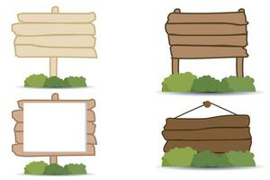 Set of wooden tablets, hanging textured, signboards with pointer, fence with nails in cartoon style vector