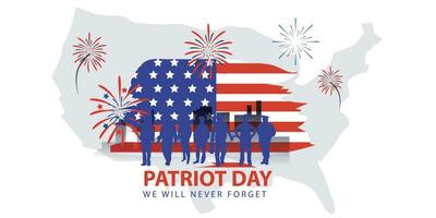 patriot day we will never forget. banner, social media post, flyer or greeting card with blue red democracy story and American flag theme. vector illustration