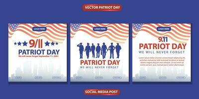 patriota día nosotros será Nunca olvidar. bandera, social medios de comunicación correo, volantes o saludo tarjeta con azul rojo democracia historia y americano bandera tema. vector ilustración