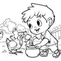 A Boy Feeds Chickens Coloring Pages For Kids vector