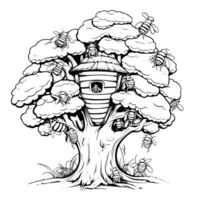 Beehive On A Tree Coloring Page for Kids vector