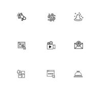 vector illustration of a collection of website icons, catalogs, mail, puzzles, cameras, magic hats, networking, speakers, and others. line drawing style. black and white color.