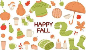 Happy fall elements set vector flat illustration. Autumn collection