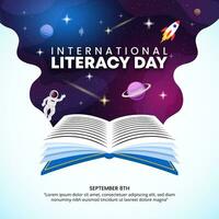 Square International Literacy Day background with open books and outer space vector