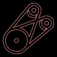 Neon belt transmission mechanism with three pulleys drive part automobile tension rollers engine spare auto repair wheels with rubber tape V-belt Automotive concept red color vector illustration