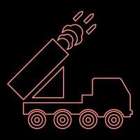 Neon multiple launch volley reactive rocket system fire shoots missiles red color vector illustration image flat style