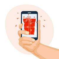 Red gift box with a bow in a mobile phone in hands. The concept of virtual congratulations. Festive background, vector