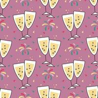Festive seamless pattern, champagne glasses and fireworks. Festive background, print, vector